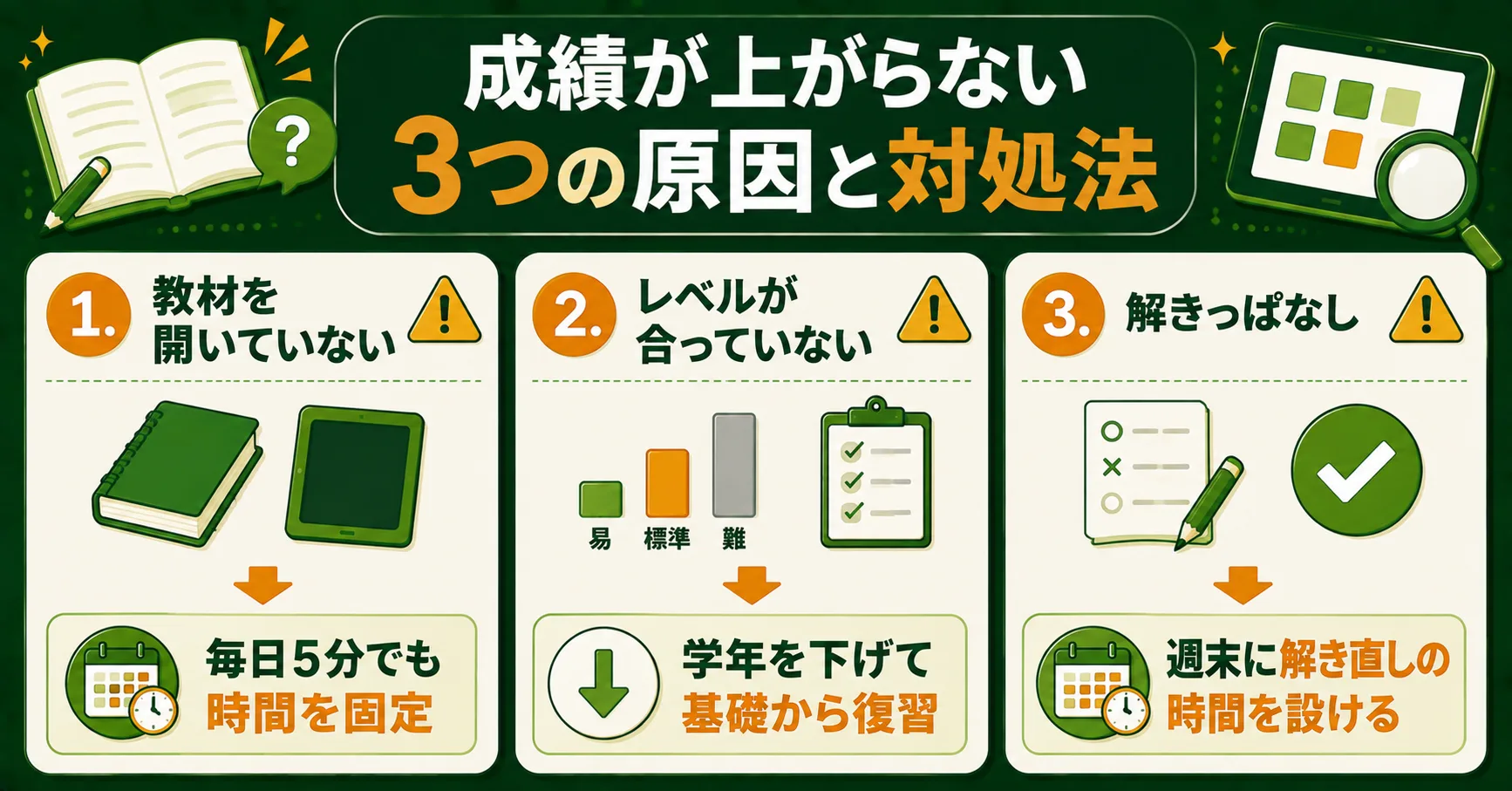 通信教育で成績が上がらない3つの原因と対処法